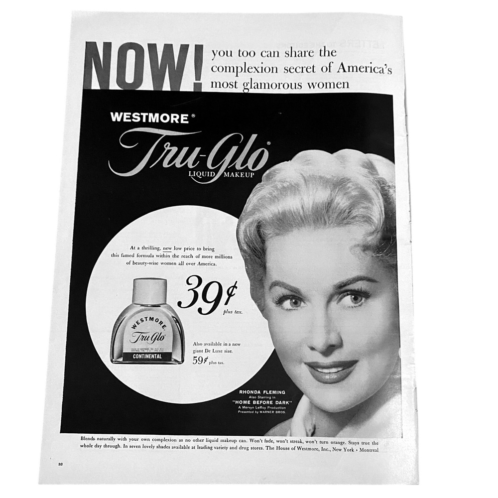 1958 Westmore Tru-Glo Makeup Print Ad Rhonda Fleming Home Before Dark Movie - Picture 1 of 2